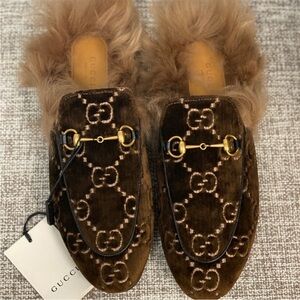 Gucci Brown Velvet Fur-Lined Mules